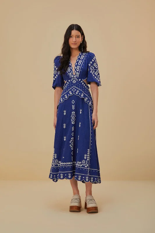Midi dresses with embroidered accents for a unique and detailed design Navy Blue Embroidered Cut-Out Midi Dress