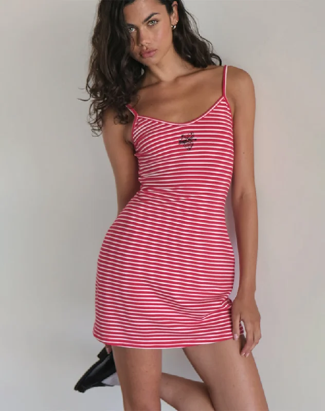 Mini dresses with tiered skirts for added volume Anzhelina Strappy Mini Dress in Red and White Stripe with Strawberry Emb Mini dresses with tiered skirts for added volume Anzhelina Strappy Mini Dress in Red and White Stripe with Strawberry Emb