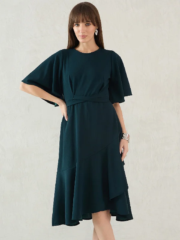 Midi dresses with wrap - around skirts for a customizable fit Forest Green Asymmetric Midi Dress Midi dresses with wrap - around skirts for a customizable fit Forest Green Asymmetric Midi Dress