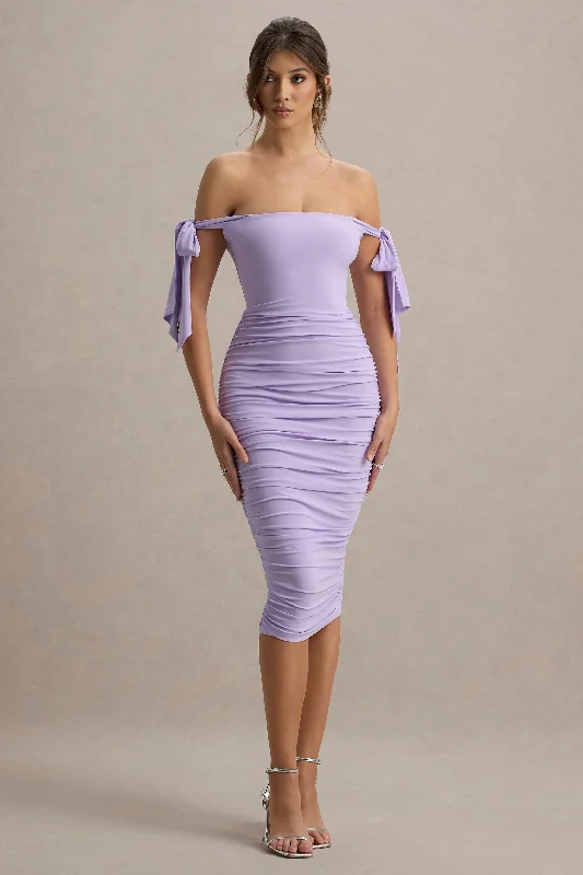 Midi dresses with button - front designs for a classic touch Citrus | Lilac Bardot Bodycon Midi Dress With Bow Sleeves Midi dresses with button - front designs for a classic touch Citrus | Lilac Bardot Bodycon Midi Dress With Bow Sleeves