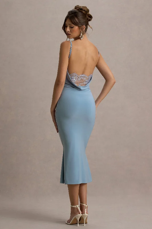 Midi dresses with one - shoulder designs for a modern and asymmetric style Addison | Powder Blue Cowl-Neck Open-Back Midi Dress With Lace Midi dresses with one - shoulder designs for a modern and asymmetric style Addison | Powder Blue Cowl-Neck Open-Back Midi Dress With Lace