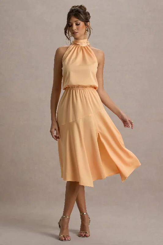 Midi dresses with halter necks for a stylish and comfortable option Palonia | Peach Satin High-Neck Split Midi Dress Midi dresses with halter necks for a stylish and comfortable option Palonia | Peach Satin High-Neck Split Midi Dress
