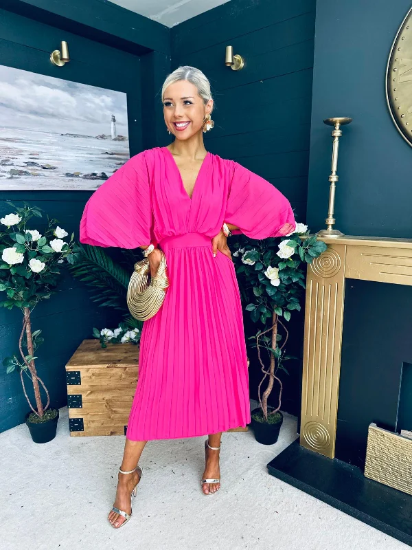 A - line midi dresses with floral prints for spring brunches Eabha Pleated Midi Dress Fuschia A - line midi dresses with floral prints for spring brunches Eabha Pleated Midi Dress Fuschia