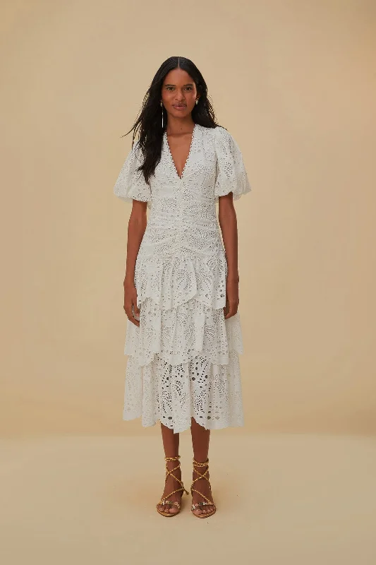 Midi dresses with tassel accents for a bohemian and free - spirited style White Cotton Eyelet Puff Sleeve Midi Dress
