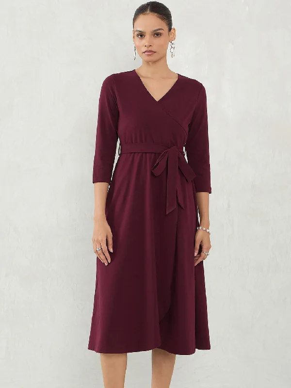 Midi dresses with sheer panels for a touch of allure Wine Knit Wrap Midi Dress
