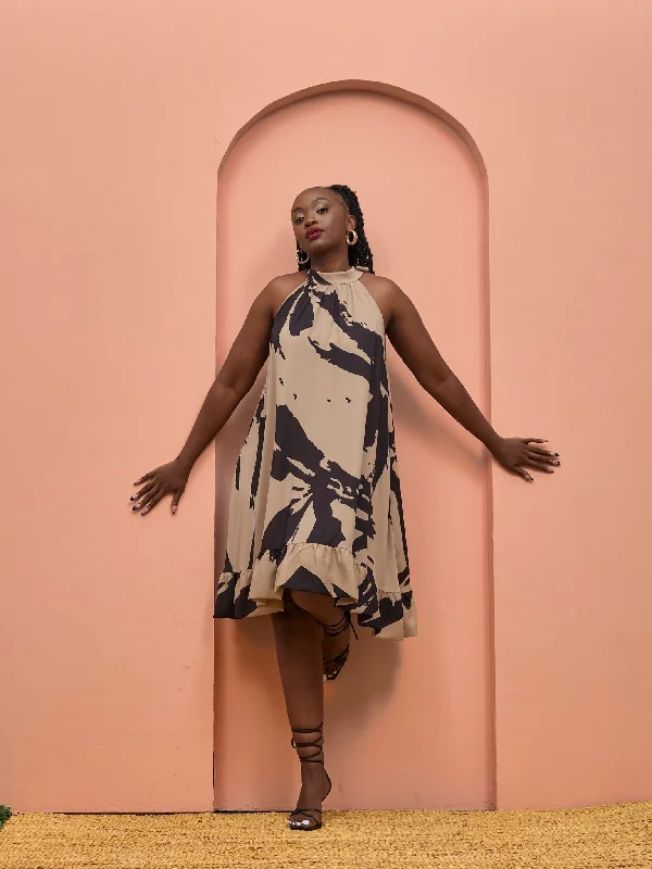 Mini dresses with gathered skirts for a voluminous effect Vivo Beali Baby Doll Dress - Light Tan / Chocolate Lea Print Mini dresses with gathered skirts for a voluminous effect Vivo Beali Baby Doll Dress - Light Tan / Chocolate Lea Print