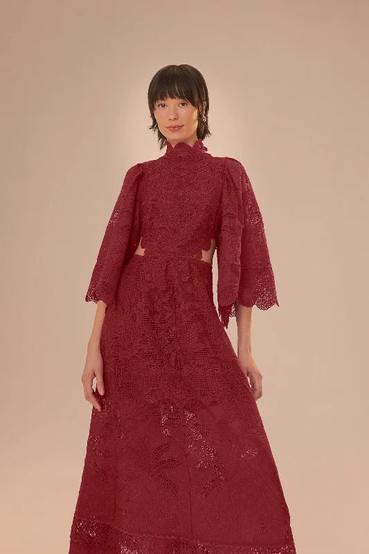 Midi dresses with fringe details for a fun and energetic style Dark Magenta Guipire Cut-Out Midi Dress