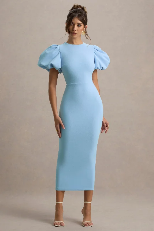 Midi dresses with denim fabric for a casual yet stylish day out Dakota | Powder Blue Puff-Sleeve Midi Dress Midi dresses with denim fabric for a casual yet stylish day out Dakota | Powder Blue Puff-Sleeve Midi Dress