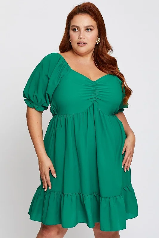 Mini dresses with button - down fronts Green Short Puff Sleeve Gather Frill Hem Dress Mini dresses with button - down fronts Green Short Puff Sleeve Gather Frill Hem Dress