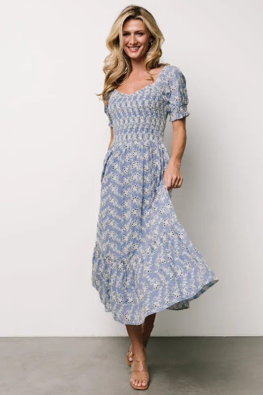 Midi dresses with polka dot prints for a playful summer outfit Piper Eyelet Midi Dress | Blue + Ivory