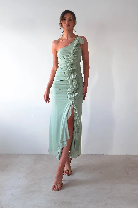 Midi dresses with printed lining for a hidden and stylish detail Jenkins Ruffle Midaxi Dress | Sage Midi dresses with printed lining for a hidden and stylish detail Jenkins Ruffle Midaxi Dress | Sage