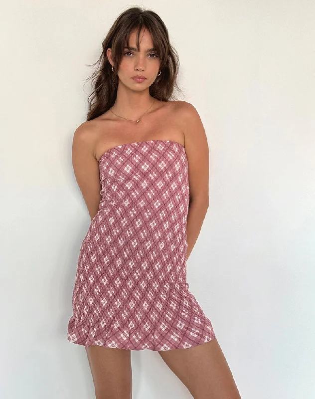 Mini dresses with off - the - shoulder styles Takiyo Bandeau Mini Dress in Pink Tartan Mini dresses with off - the - shoulder styles Takiyo Bandeau Mini Dress in Pink Tartan