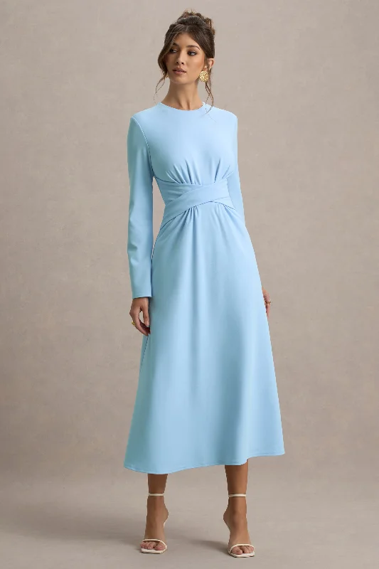 Midi dresses with mesh inserts for a trendy and breathable option Cassiopeia | Powder Blue Long-Sleeve Midi Dress With Cross Waist Midi dresses with mesh inserts for a trendy and breathable option Cassiopeia | Powder Blue Long-Sleeve Midi Dress With Cross Waist