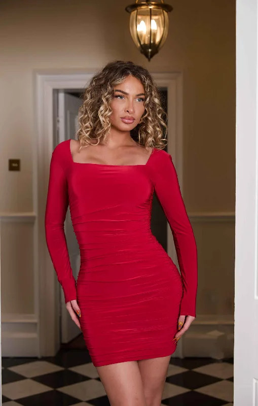 Mini dresses with keyhole necklines Red Square Neck Ruched Bodycon Mini Dress - Gina Mini dresses with keyhole necklines Red Square Neck Ruched Bodycon Mini Dress - Gina