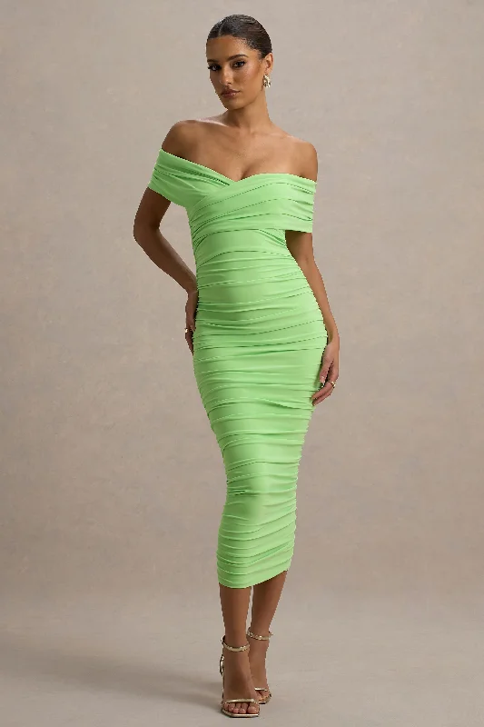 Midi dresses with embroidered accents for a unique and detailed design Unwrapped | Light Green Ruched Twist Bardot Midi Dress Midi dresses with embroidered accents for a unique and detailed design Unwrapped | Light Green Ruched Twist Bardot Midi Dress