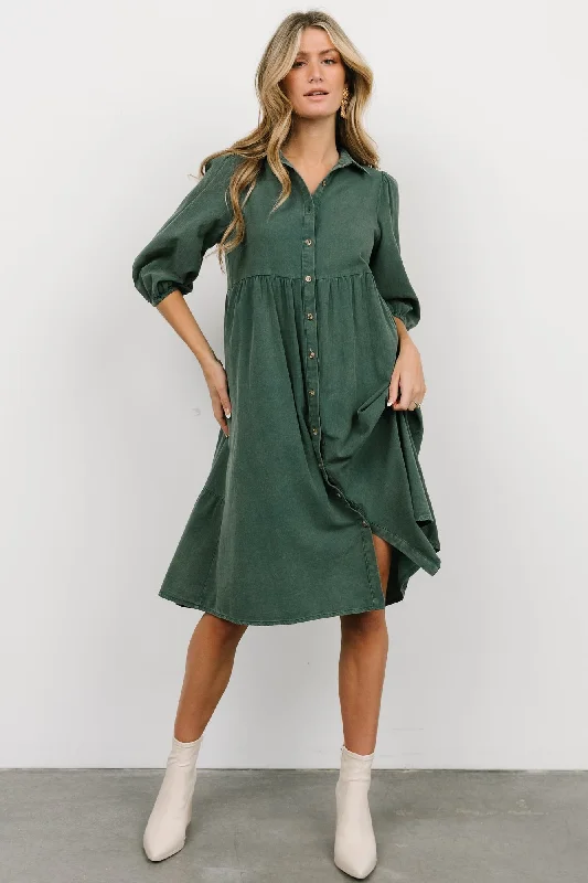 Midi dresses with ruffled hems for a romantic date night Sari Babydoll Dress | Green Midi dresses with ruffled hems for a romantic date night Sari Babydoll Dress | Green