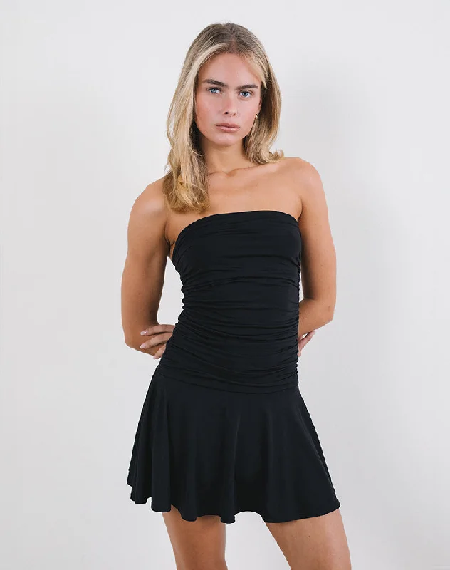 Mini dresses with asymmetric hems for a fashion - forward look Yasmin Bandeau Mini Dress in Slinky Black Mini dresses with asymmetric hems for a fashion - forward look Yasmin Bandeau Mini Dress in Slinky Black