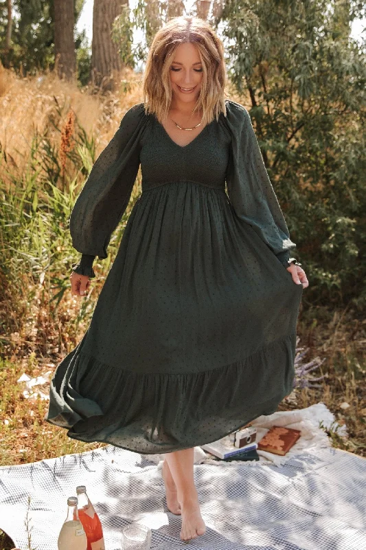Midi dresses with metallic threads for a glamorous evening event Lainey Smocked Dotted Midi Dress | Deep Olive Midi dresses with metallic threads for a glamorous evening event Lainey Smocked Dotted Midi Dress | Deep Olive