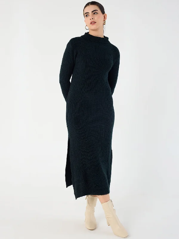 Midi dresses with ruffled sleeves for a more feminine and voluminous look Black High Neck Slit Midi Dress Midi dresses with ruffled sleeves for a more feminine and voluminous look Black High Neck Slit Midi Dress