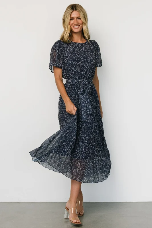 Sheath midi dresses with beaded embellishments for a formal occasion Prim Pleated Dress | Navy Print Sheath midi dresses with beaded embellishments for a formal occasion Prim Pleated Dress | Navy Print