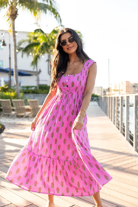 Midi dresses with asymmetric hems for a fashion - forward and dynamic appearance Carolina Waves Fuchsia Block Floral Midi Dress Midi dresses with asymmetric hems for a fashion - forward and dynamic appearance Carolina Waves Fuchsia Block Floral Midi Dress