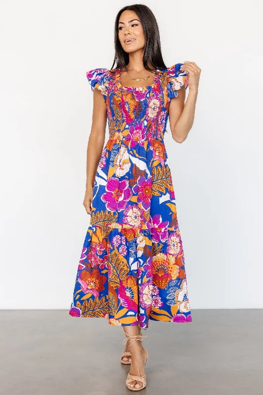 Midi dresses with side slits for a sexy and elegant appearance Dominique Midi Dress | Cobalt + Fuchsia Multi Midi dresses with side slits for a sexy and elegant appearance Dominique Midi Dress | Cobalt + Fuchsia Multi