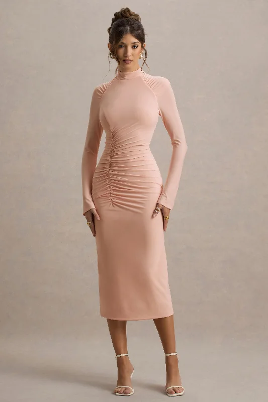 Midi dresses with pom - pom trims for a playful and festive look Cassandra | Pink High-Neck Long-Sleeve Midi Dress Midi dresses with pom - pom trims for a playful and festive look Cassandra | Pink High-Neck Long-Sleeve Midi Dress