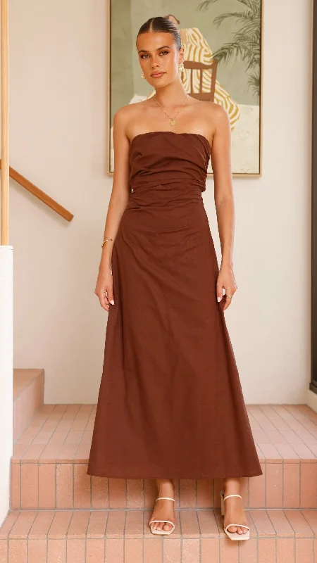 Sleeveless midi dresses with lace details for summer weddings Bolivia Strapless Midi Dress - Chocolate Sleeveless midi dresses with lace details for summer weddings Bolivia Strapless Midi Dress - Chocolate