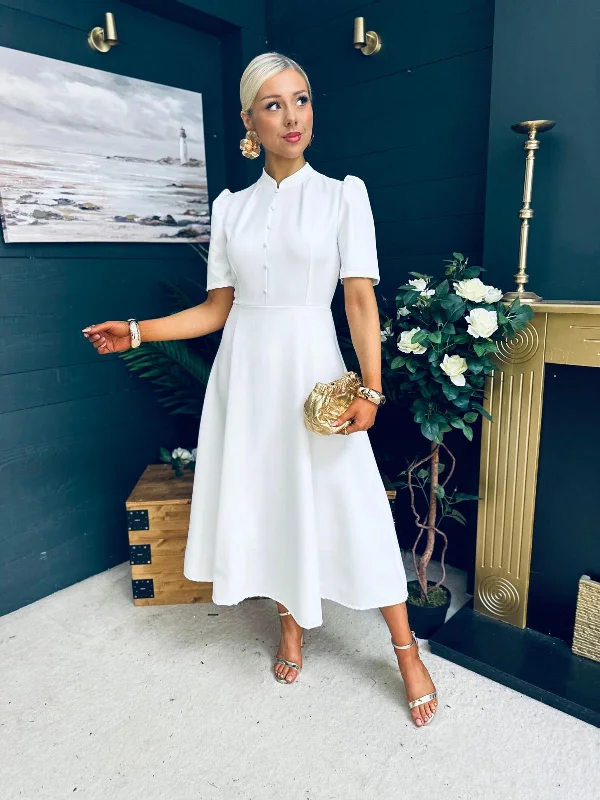 Midi dresses with V - necklines for a flattering and elongating effect Phoebe Detailed Occasion Dress White Midi dresses with V - necklines for a flattering and elongating effect Phoebe Detailed Occasion Dress White