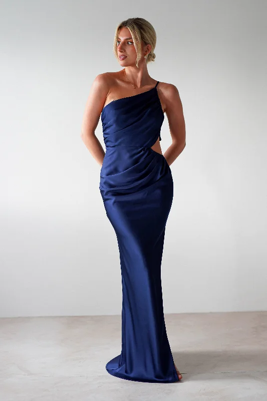 Maxi - inspired midi dresses with flowing fabrics for a beachy vibe Lyra Soft Matte Satin Maxi Dress | Navy Maxi - inspired midi dresses with flowing fabrics for a beachy vibe Lyra Soft Matte Satin Maxi Dress | Navy