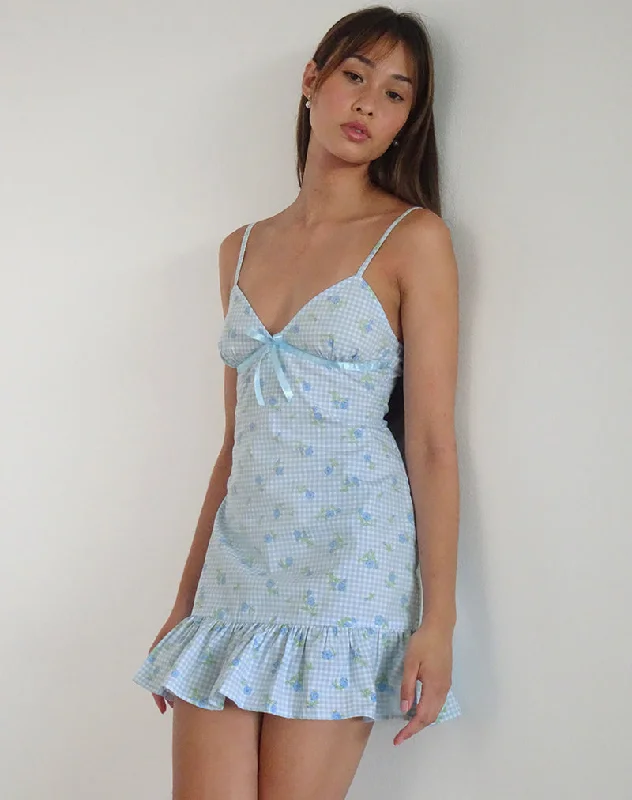 Mini dresses with cut - out details for a trendy look Tivata Mini Dress in Blue Flower Gingham Mini dresses with cut - out details for a trendy look Tivata Mini Dress in Blue Flower Gingham