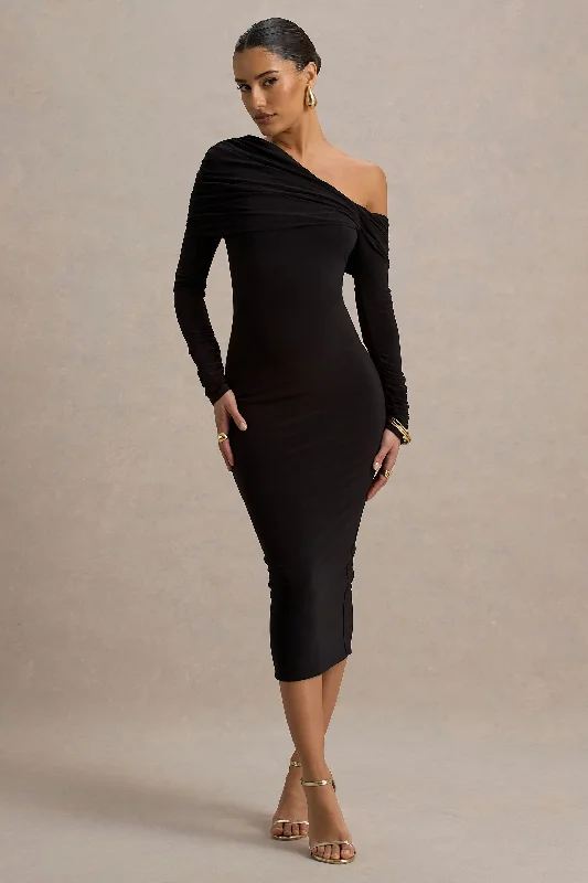High - low midi dresses with geometric patterns for a modern party Cleo | Black Bodycon Midi Dress With Mesh Sleeves