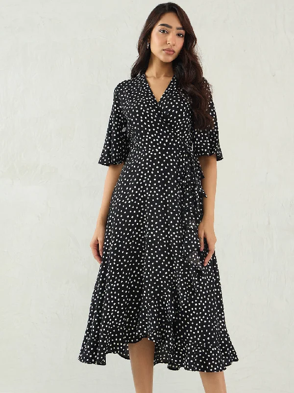 Plaid midi dresses for a fall - themed family gathering Black Polka Wrap Midi Dress