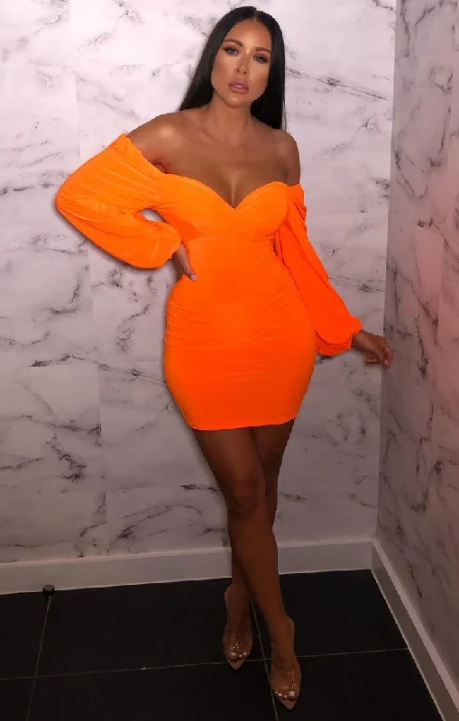 Denim mini dresses with distressed details Neon Orange Slinky Balloon Sleeve Bardot Mini Dress - Meghan Denim mini dresses with distressed details Neon Orange Slinky Balloon Sleeve Bardot Mini Dress - Meghan