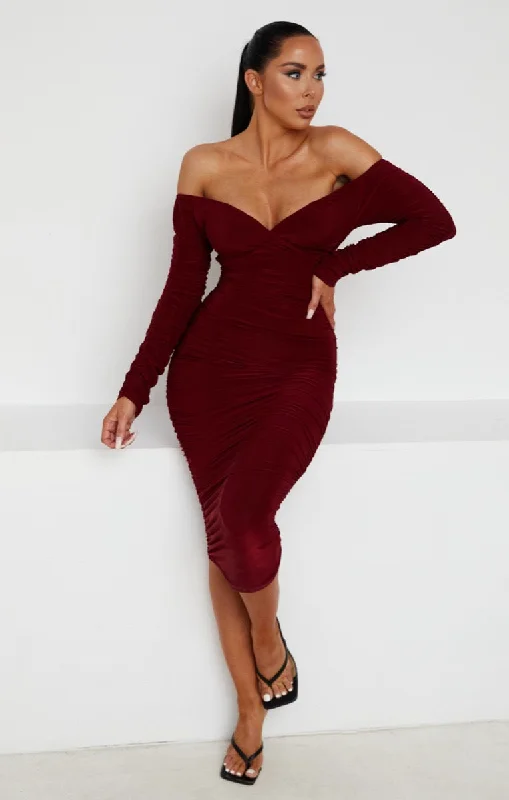 Polyester mini dresses for easy care Wine Ruched Bardot Long Sleeve Bodycon Mini Dress - Mindy Polyester mini dresses for easy care Wine Ruched Bardot Long Sleeve Bodycon Mini Dress - Mindy