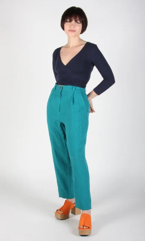 Cigarette Style Women's Printed Linen Blend Pants for Casual DaysChucklehead Pant - Teal Cigarette Style Women's Printed Linen Blend Pants for Casual DaysChucklehead Pant - Teal