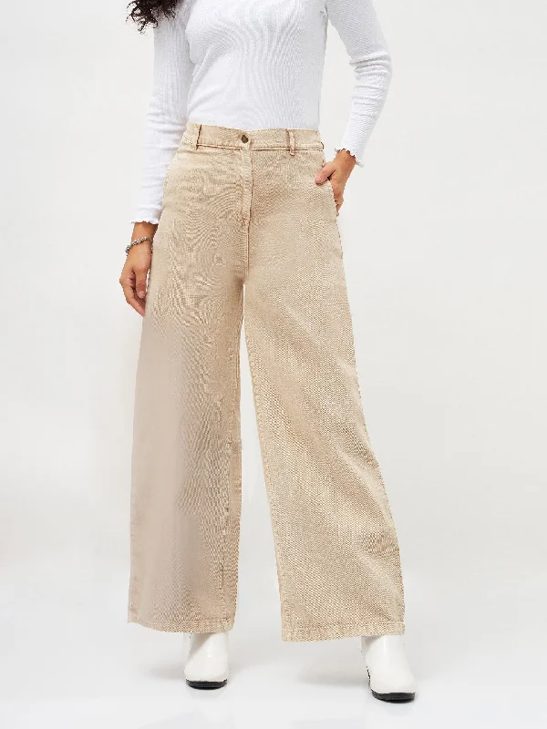 Tapered Leg Women's Wool Blend Trousers for WinterWomen Beige Denim Flared Pants