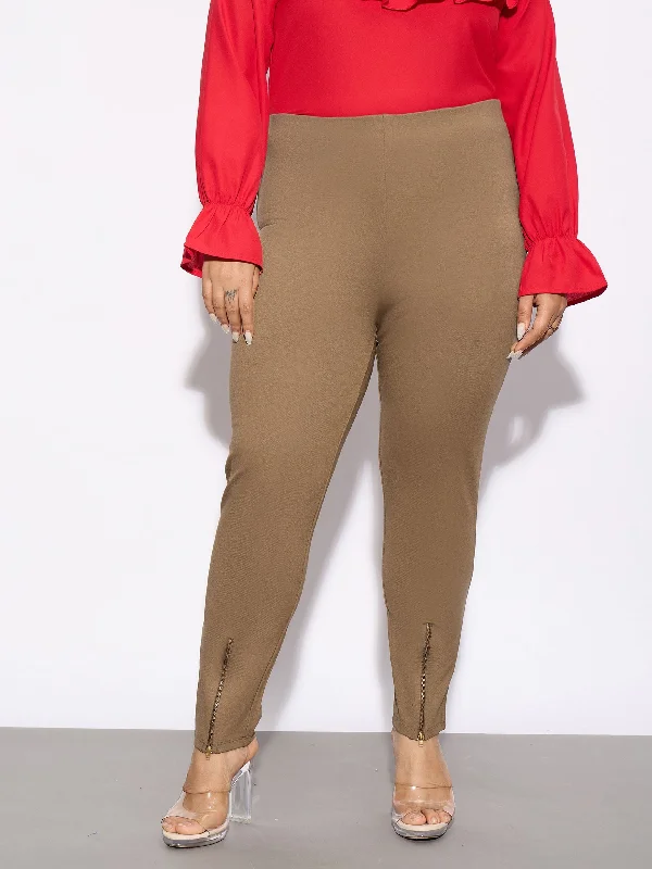 Plus Size Women's Metallic - Finish Joggers for a Stylish LoungeWomen Beige Metal Zipper Hem Detail Pants Plus Size Women's Metallic - Finish Joggers for a Stylish LoungeWomen Beige Metal Zipper Hem Detail Pants