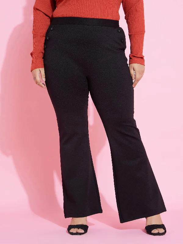 Cigarette Style Women's Printed Linen Blend Pants for Casual DaysWomen Black Pocket Button Bell Bottom Trousers Cigarette Style Women's Printed Linen Blend Pants for Casual DaysWomen Black Pocket Button Bell Bottom Trousers