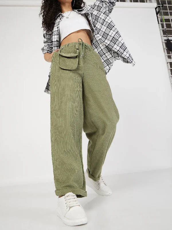Plus Size Women's Drawstring - Waist Loungewear Pants in Soft FabricsWomen Olive Corduroy Pouch Pocket Drawstring Pants Plus Size Women's Drawstring - Waist Loungewear Pants in Soft FabricsWomen Olive Corduroy Pouch Pocket Drawstring Pants