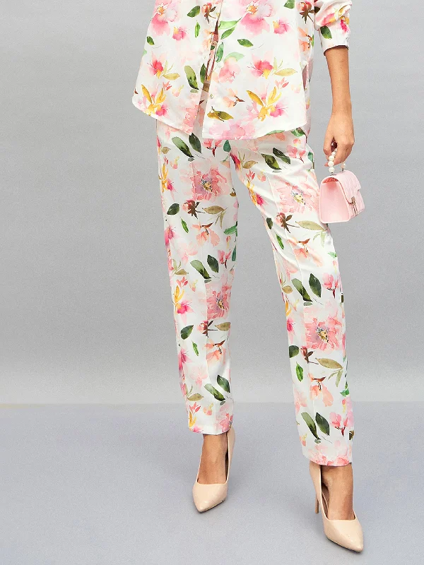 Plus Size Women's Drawstring - Waist Loungewear Pants in Soft FabricsWomen White Satin Floral Darted Pants Plus Size Women's Drawstring - Waist Loungewear Pants in Soft FabricsWomen White Satin Floral Darted Pants