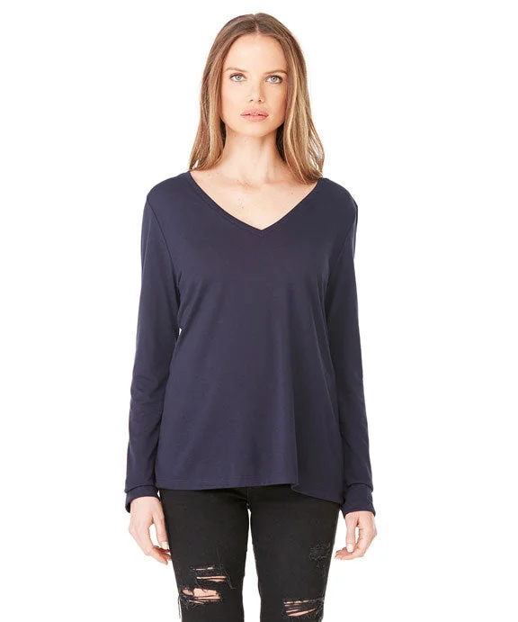Women's hoodie with a kangaroo pocket and a pom - pom drawstring for added charm8855 - Bella + Canvas Ladies Flowy Long-Sleeve V-Neck | Midnight Women's hoodie with a kangaroo pocket and a pom - pom drawstring for added charm8855 - Bella + Canvas Ladies Flowy Long-Sleeve V-Neck | Midnight
