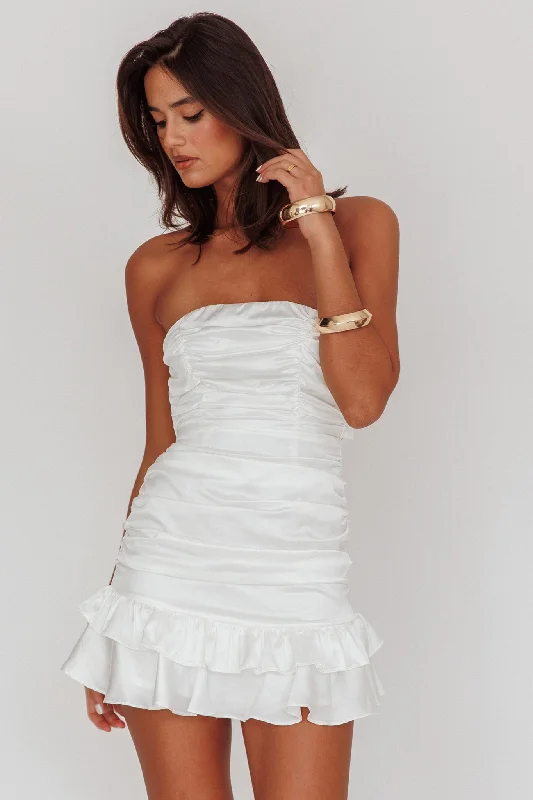 Empire Waist Women Dress to Accentuate the Bust and Conceal the WaistAnnabella Strapless Tied Back Satin Mini Dress White Empire Waist Women Dress to Accentuate the Bust and Conceal the WaistAnnabella Strapless Tied Back Satin Mini Dress White