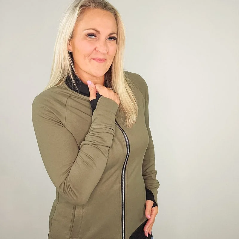Women's cropped sweatshirt with a lace - trimmed hem for a romantic lookArmy Green No Hood Zip Up Women's cropped sweatshirt with a lace - trimmed hem for a romantic lookArmy Green No Hood Zip Up