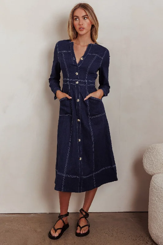 Mini Women Dress with a Short Hem for a Young and Trendy StyleAspen Love Front Pocket Long Sleeve Midi Dress Indigo Mini Women Dress with a Short Hem for a Young and Trendy StyleAspen Love Front Pocket Long Sleeve Midi Dress Indigo