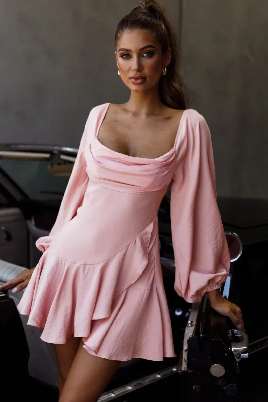 Mermaid - Style Women Dress with a Fitted Silhouette for Special OccasionsBeaujolais Long Sleeve Cowl Neckline Ruffle Satin Mini Dress Blush Mermaid - Style Women Dress with a Fitted Silhouette for Special OccasionsBeaujolais Long Sleeve Cowl Neckline Ruffle Satin Mini Dress Blush