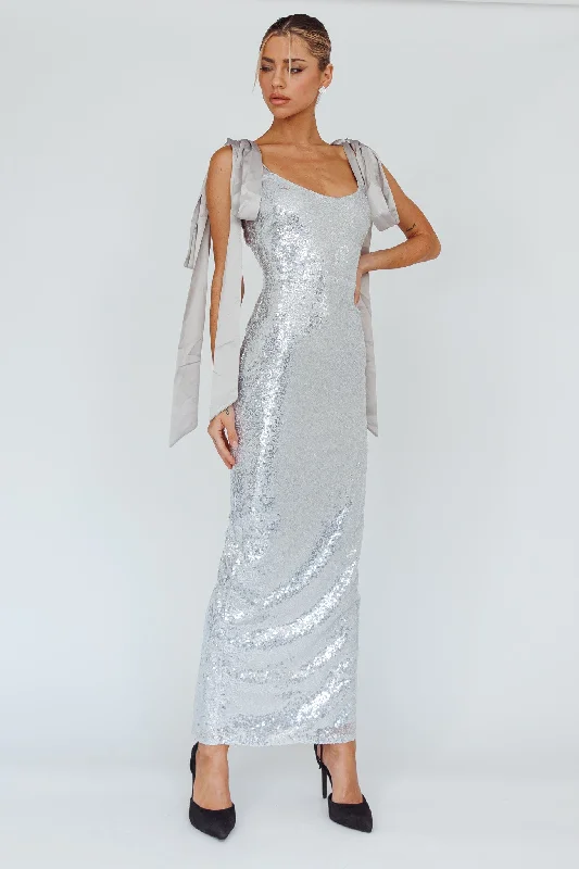 Backless Women Dress for a Sexy and Alluring Look at Evening EventsBirthday Wish Tied Shoulder Sequin Maxi Dress Silver Backless Women Dress for a Sexy and Alluring Look at Evening EventsBirthday Wish Tied Shoulder Sequin Maxi Dress Silver