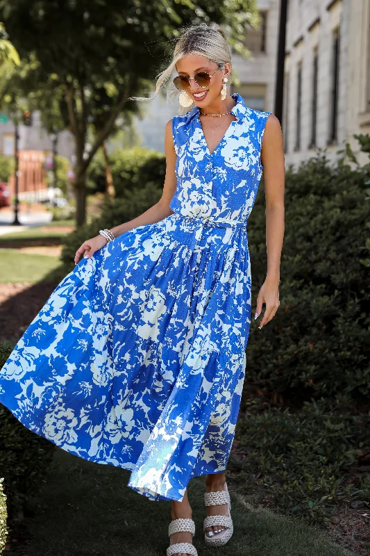 Empire Waist Women Dress to Accentuate the Bust and Conceal the WaistCharming Pose Royal Blue Floral Linen Maxi Dress Empire Waist Women Dress to Accentuate the Bust and Conceal the WaistCharming Pose Royal Blue Floral Linen Maxi Dress
