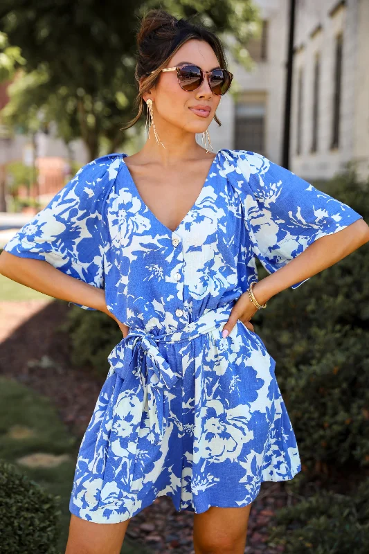 Pleated Women Dress with a Timeless and Elegant TextureCharming Pose Royal Blue Floral Linen Romper