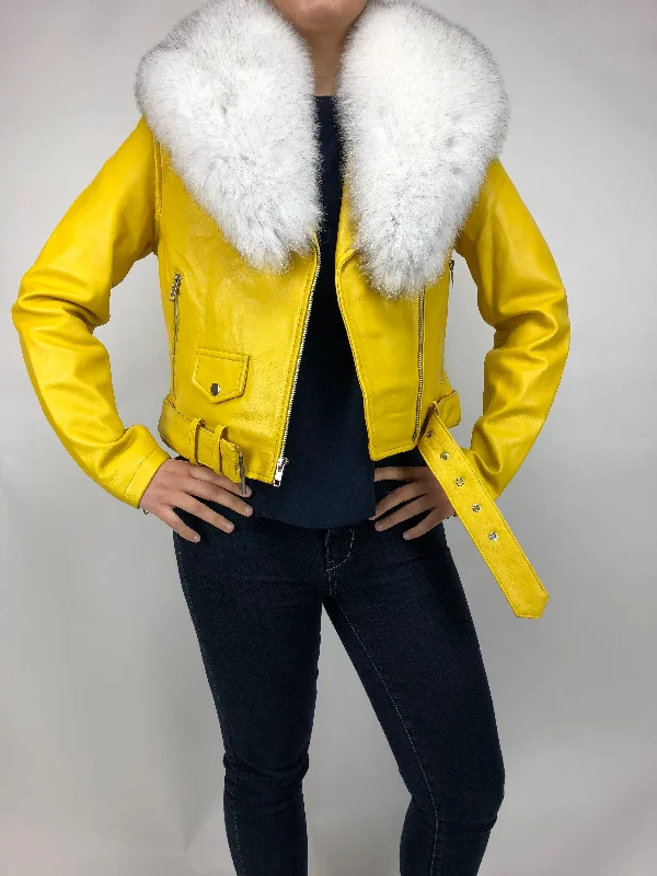 Women's denim jackets with distressed details for a casual and edgy lookWomen's Classic Biker Yellow With Fox Collar [ SLIM FIT ]